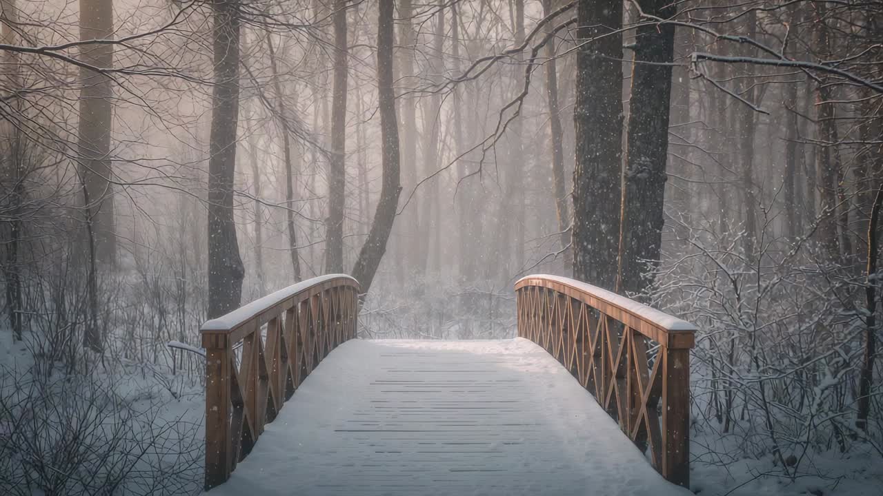 Moving camera gliding toward wooden footbridge in winter woods, revealing railings showing depth