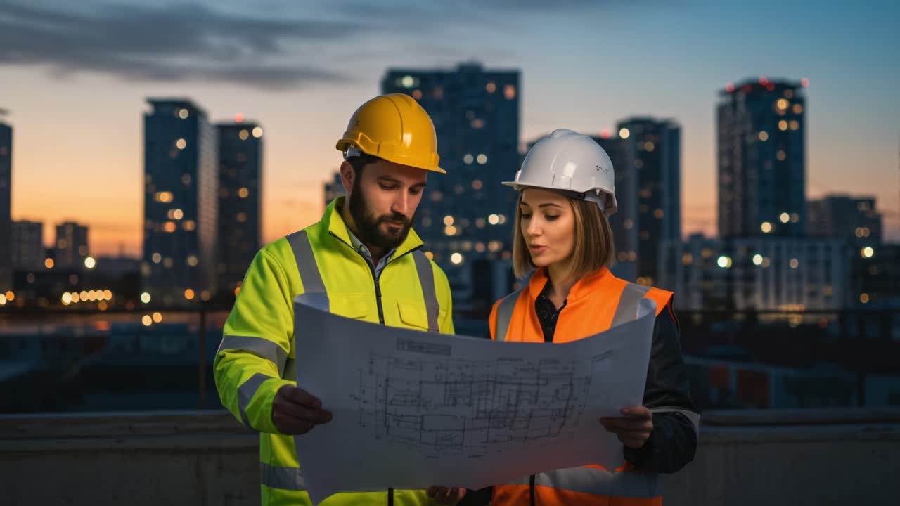 Two construction professionals closely examining architectural plans at dusk, showcasing collaboration and diligence in a modern urban backdrop with skyscrapers