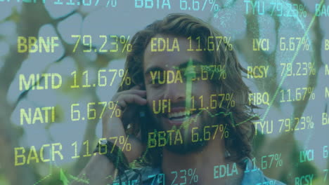 animación del procesamiento de datos financieros sobre un hombre caucásico que usa un teléfono inteligente