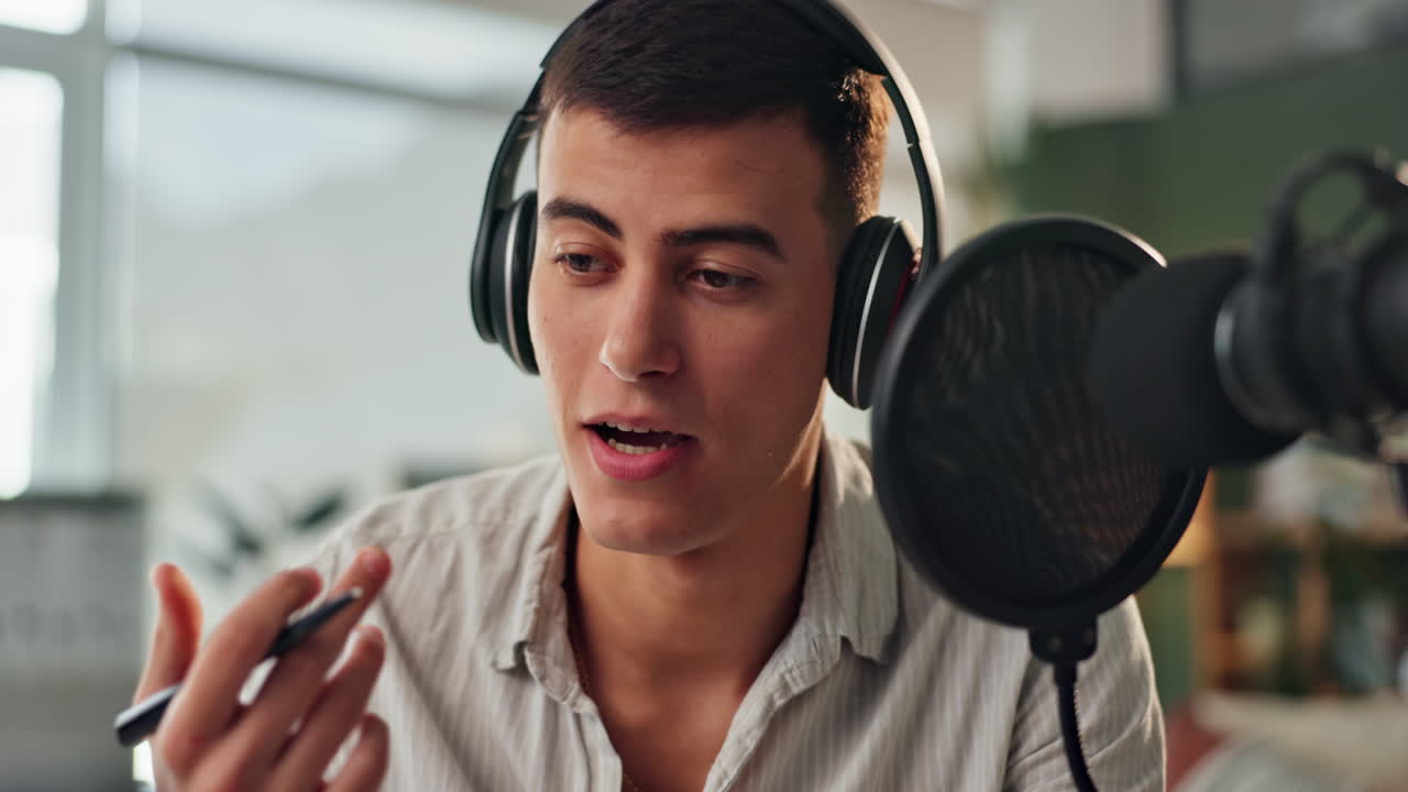 Man Recording Podcast with Headphones and Microphone