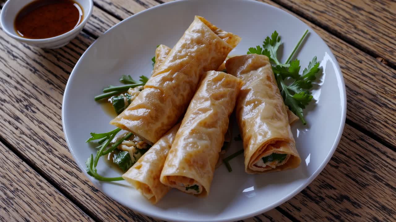 Rekaman video dari atas lumpia renyah di atas piring putih, dihias dengan daun ketumbar
