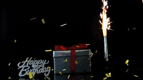 happy birthday text animation over gift box with confetti and sparkler