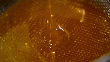 freshly extracted honey flowing into the bowl. close up. healthy organic product filtering through the sieve.