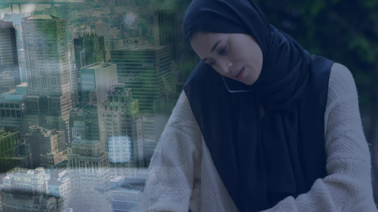 도시 풍경 위에서 스마트폰을 사용하여 히자브를 입은 시안 여성의 애니메이션