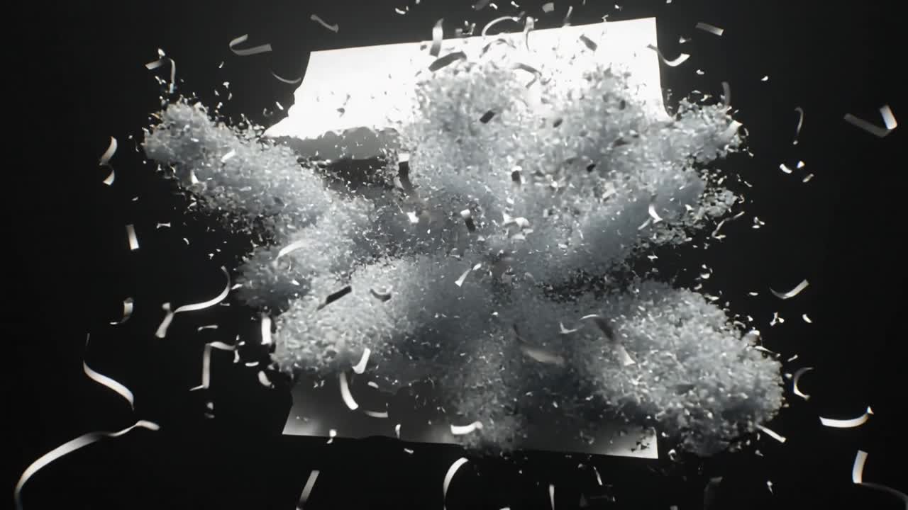 Tearing center of white sheet, ejecting fibers and ribbons under pressure in dark studio, backlit
