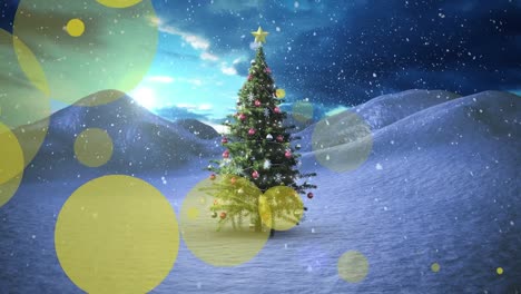 Animation-of-snow-falling-over-christmas-tree-and-winter-landscape