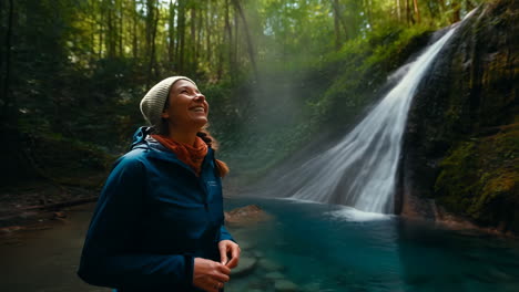 woman enjoying the view of a beautiful waterfall in a lush forest