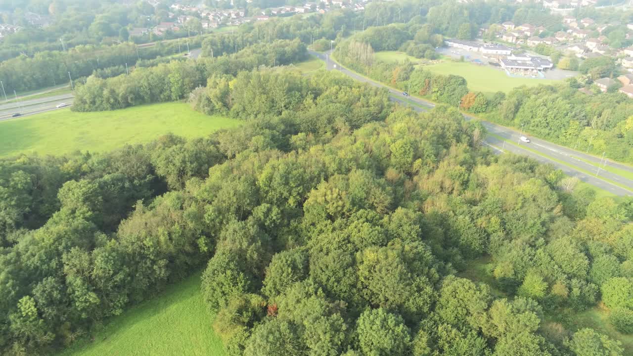 Green UK park woodland looking down aerial view above motorway - suburban neighbourhood