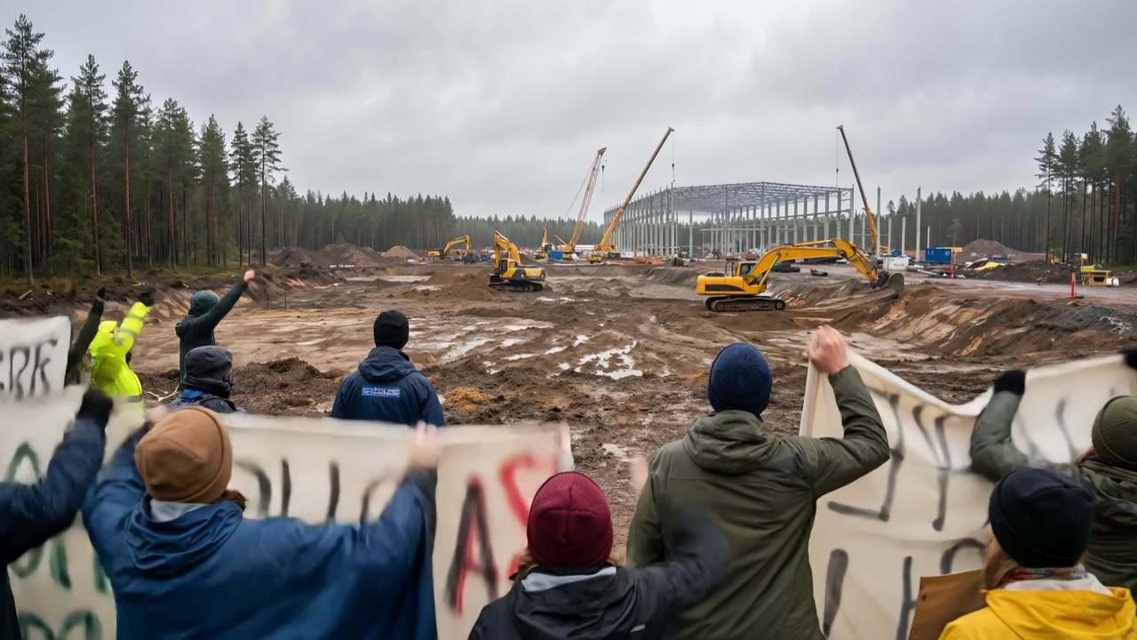 En grupp demonstranter håller en banderoll medan de står vända mot en stor industriell byggarbetsplats i en avverkad skog.