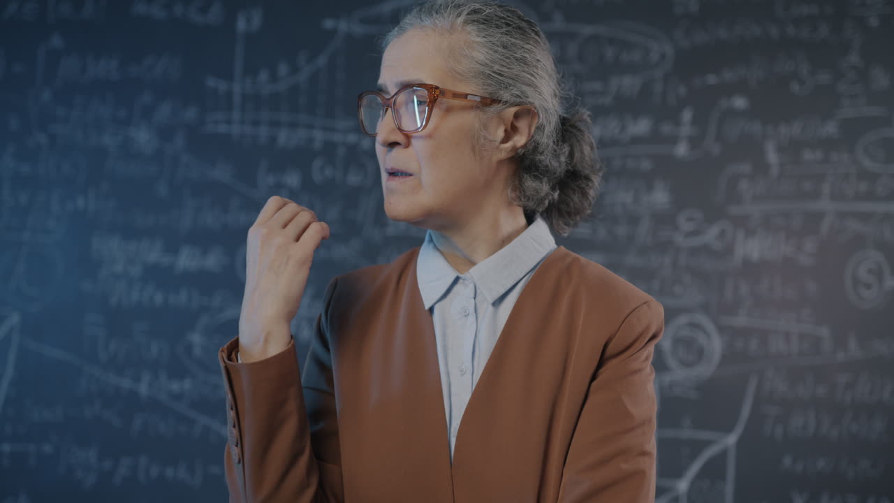Teacher in contemplation in front of a chalkboard