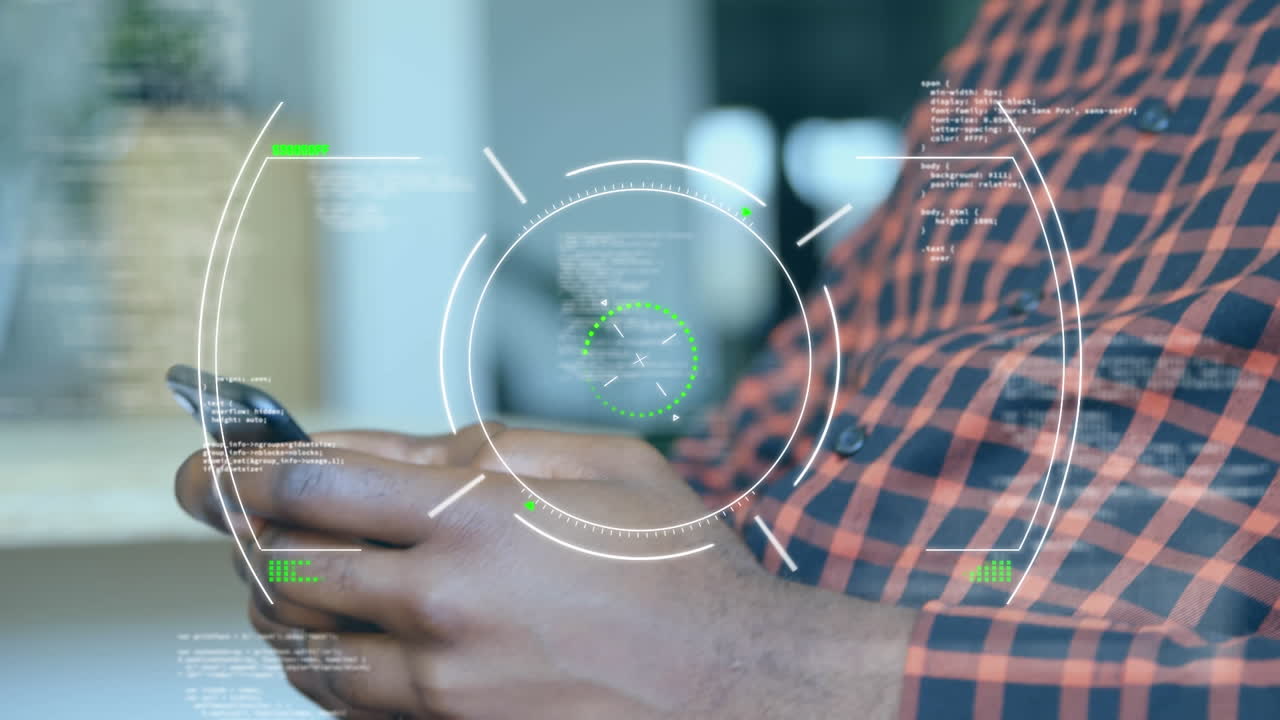 Animation of scope scanning and data processing over businessman using smartphone