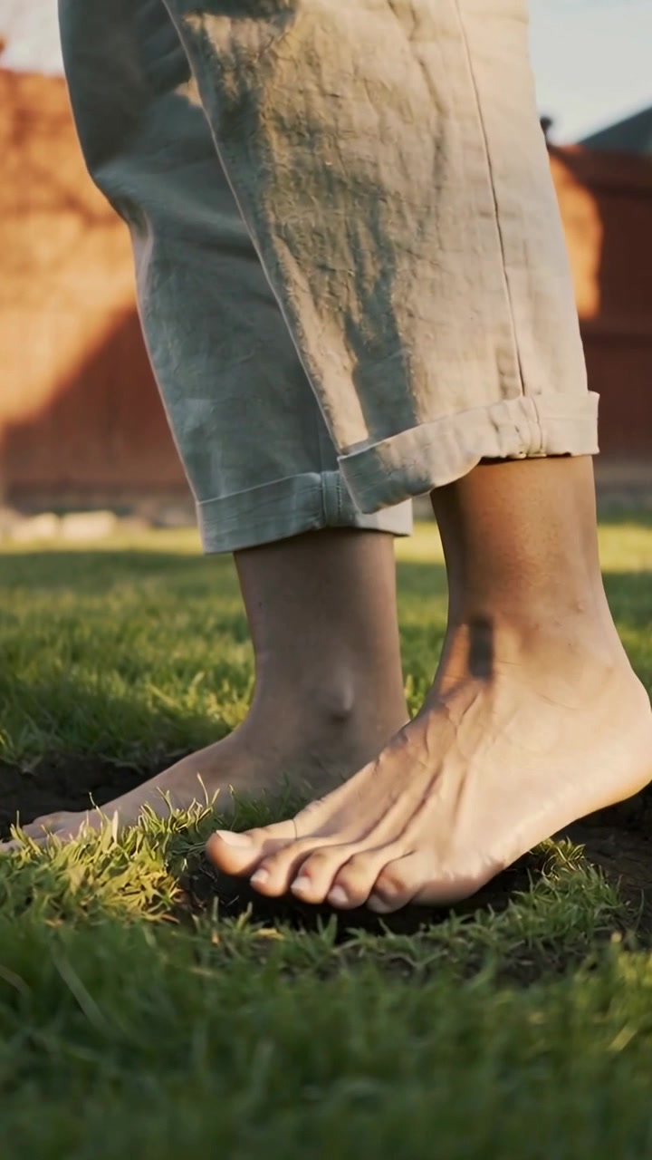Vertical video: Shifting bare feet, lower legs in pants pressing toes in backyard balancing by soil