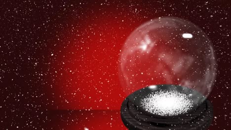 Animation-of-snow-falling-over-christmas-snow-globe-with-copy-space-on-red-background