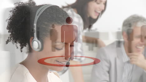 animation of network of connection with icons over business people wearing phone headsets