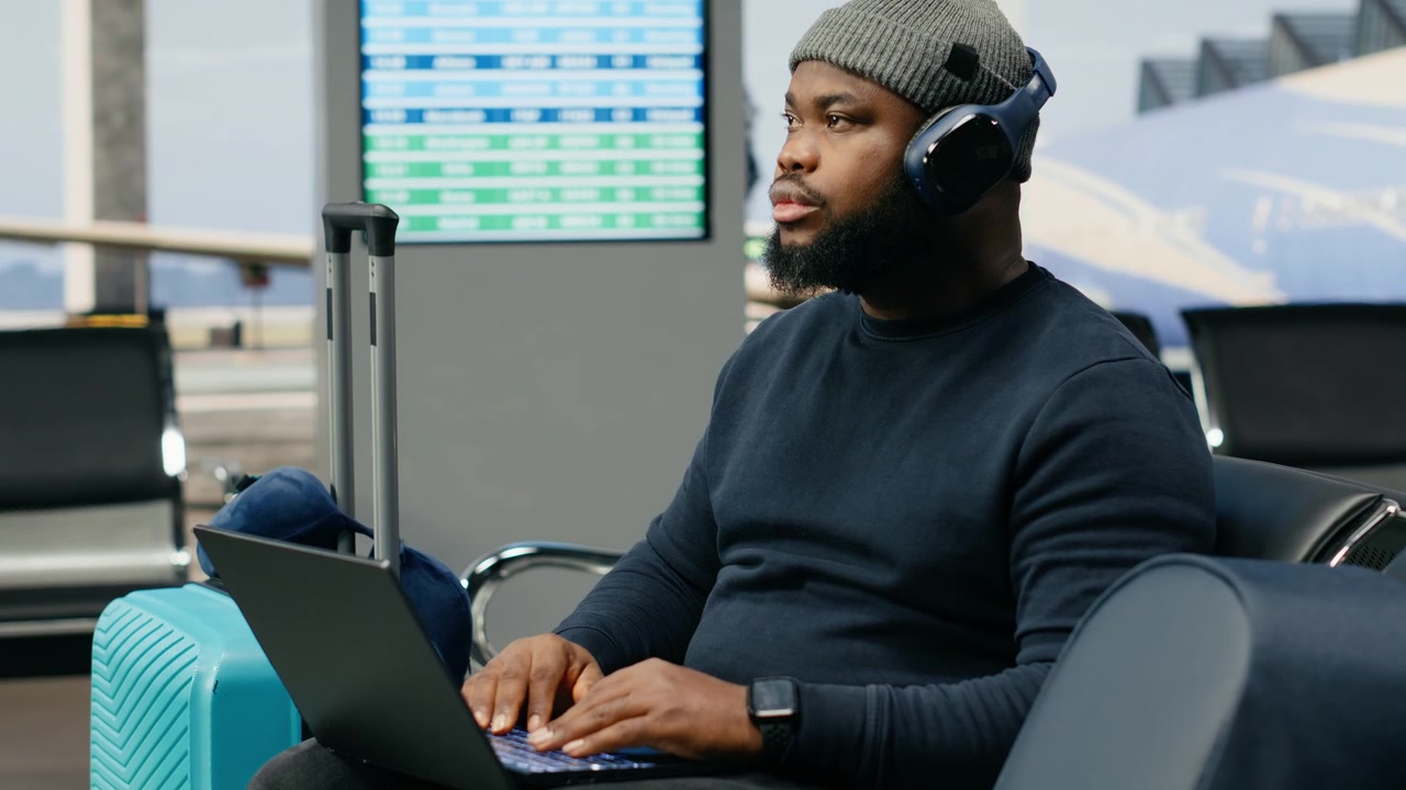 Business without suit, black man traveling for work, informal startup culture