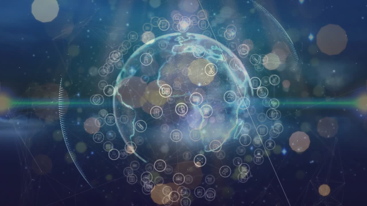 Lens flare sweeping midline starting hologram globe rotating nodes pulsing showing global data flow