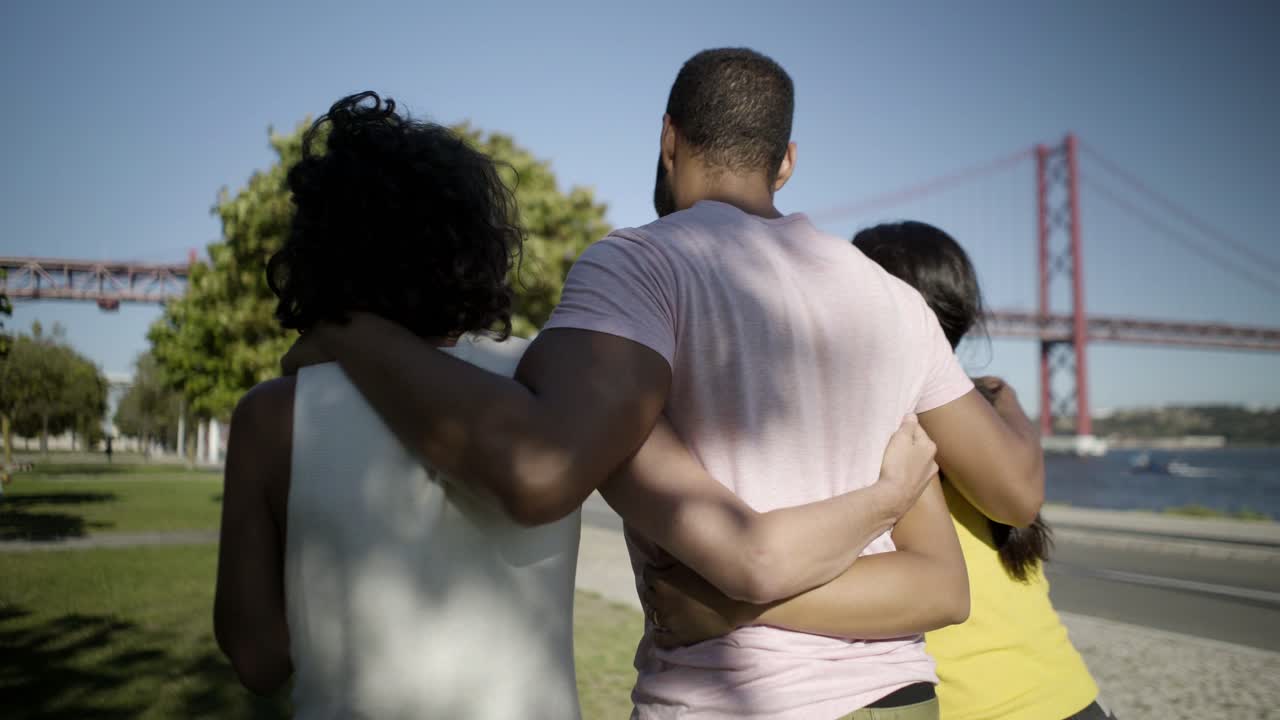 vista de atrás de jóvenes amigos caminando en el parque