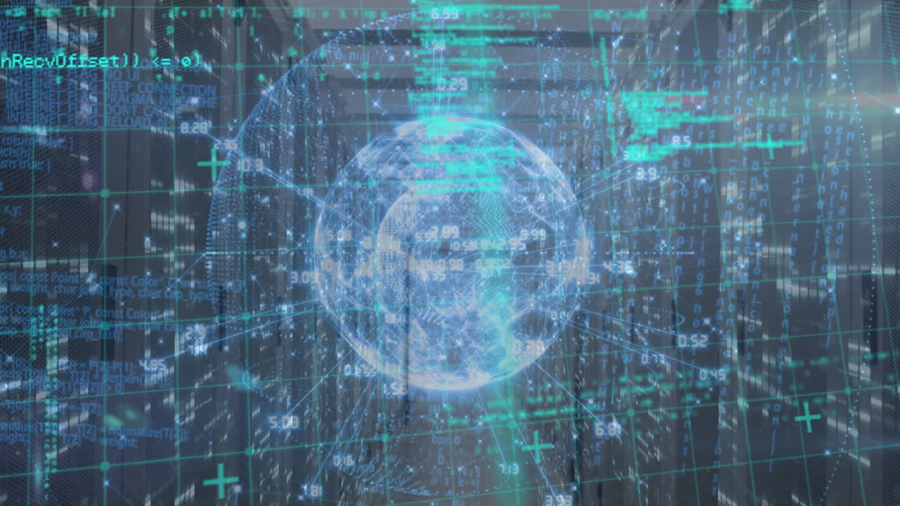 Animation of grid patterns moving with programming codes over futuristic circle in server room