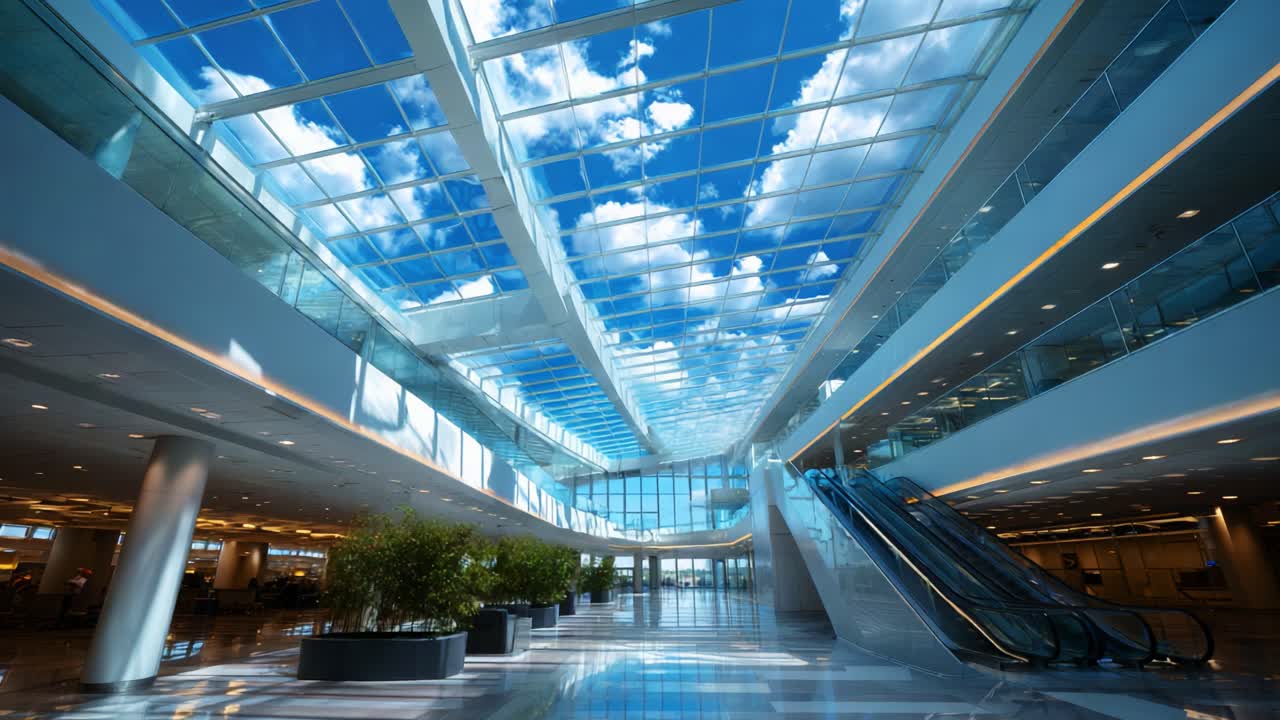 A Stunning View of a Modern Airport Terminal with Expansive Glass Ceilings and a Beautiful Sky, Showcasing the Clean Lines and Bright Ambiance of Contemporary Architecture and Design