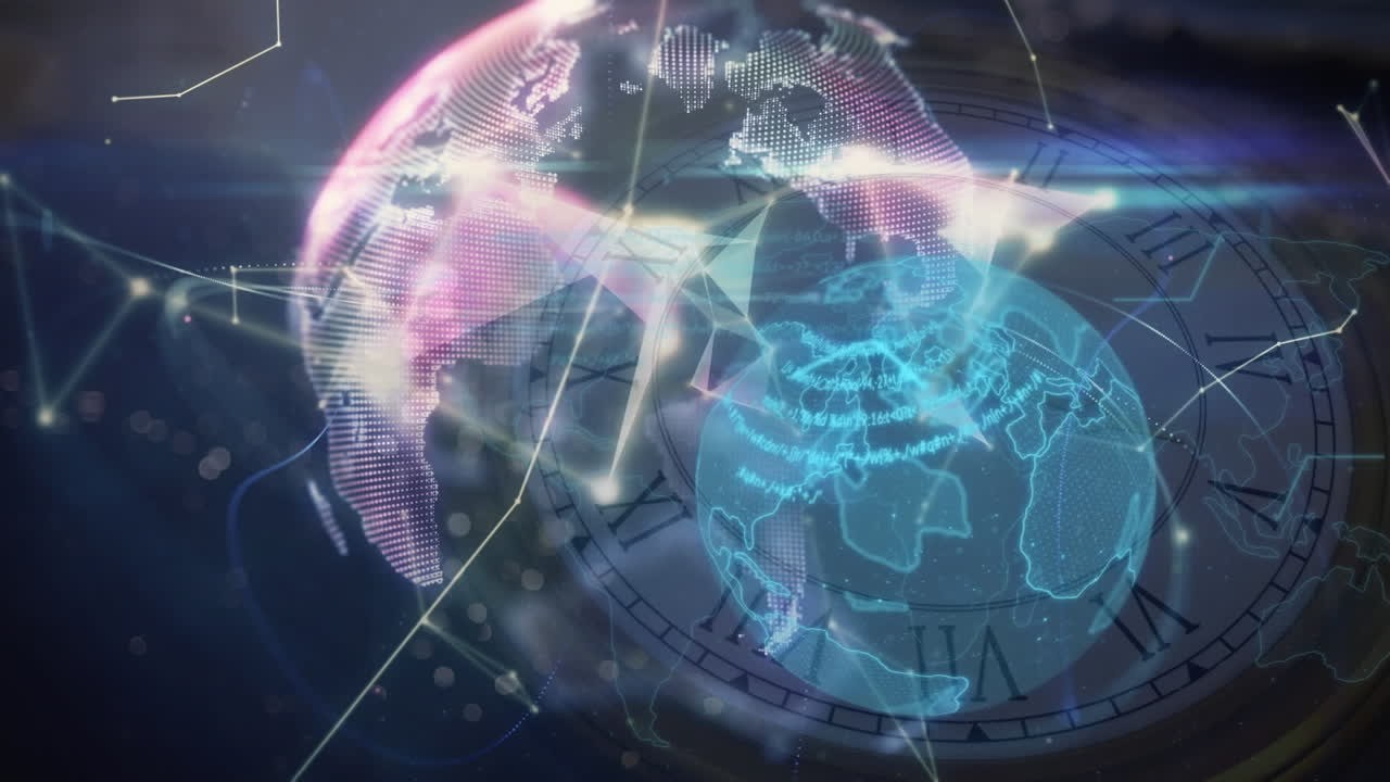 지구의 애니메이션과 시계와 연결의 글로벌 네트워크를 통해 데이터 처리가