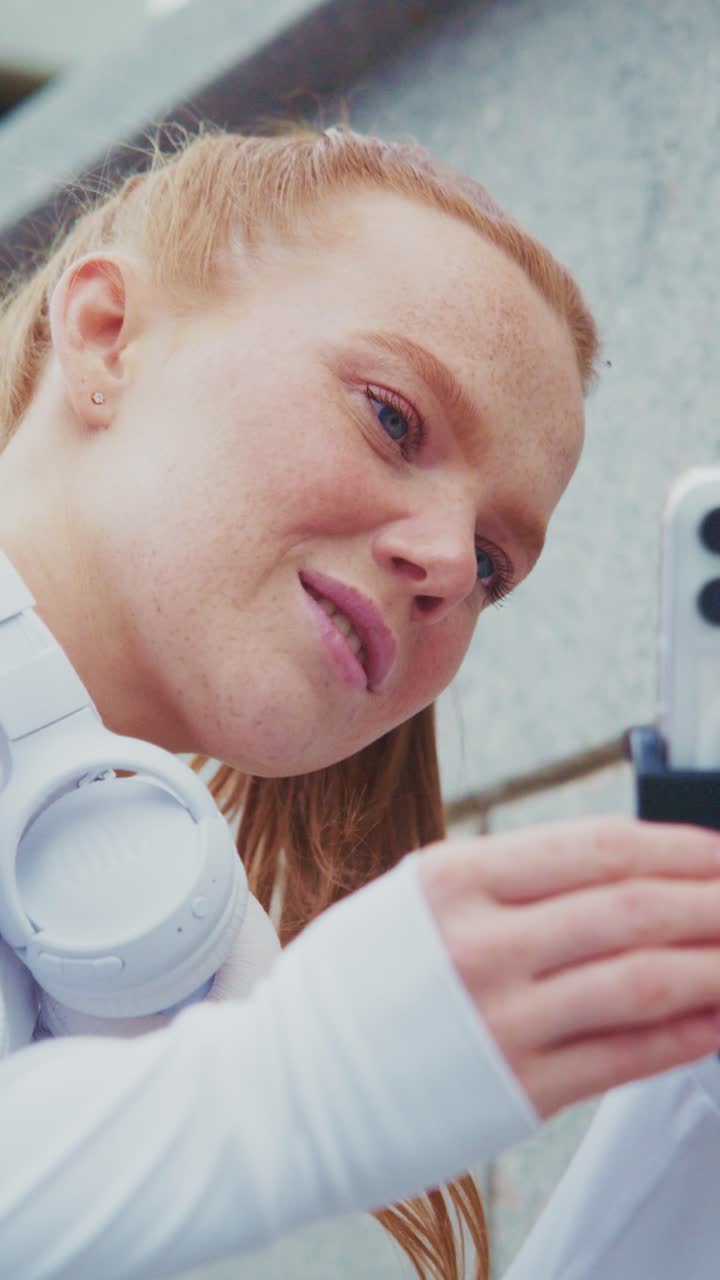 A Young Woman Capturing Her Passion: Engaged in Recording Moments with a Smartphone While Showcasing Her Stylish Headphones and Enthusiastic Expression
