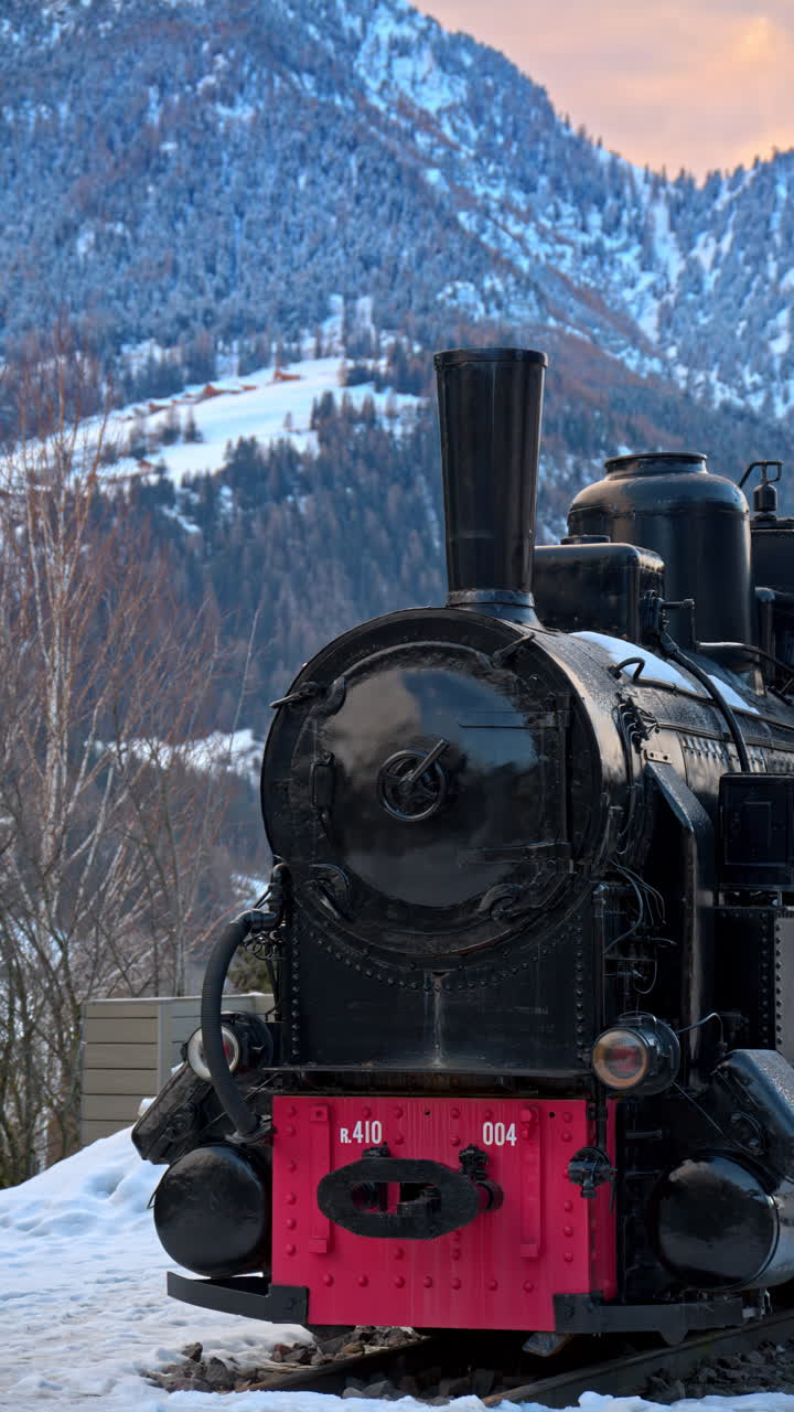 One of the locomotives preserved at the Val Gardena Railway in the Dolomites, Italy. Vertical