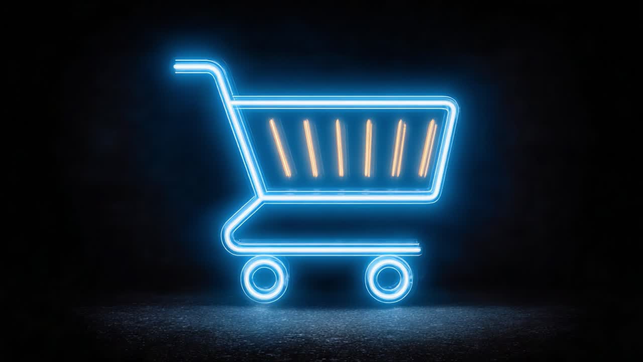 A Vibrant Neon Shopping Cart Glowing Against a Dark Background, Symbolizing Online Shopping, Retail, and E-commerce Shopping Experiences in a Modern Digital World