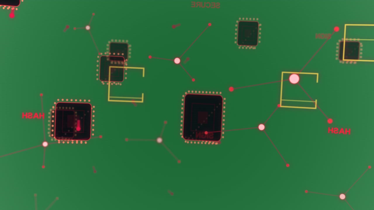 Sfera rosa pulsante lungo linee rosa, che avvia la rimodellazione della rete, focalizzando il chip centrale su sfondo trasparente.