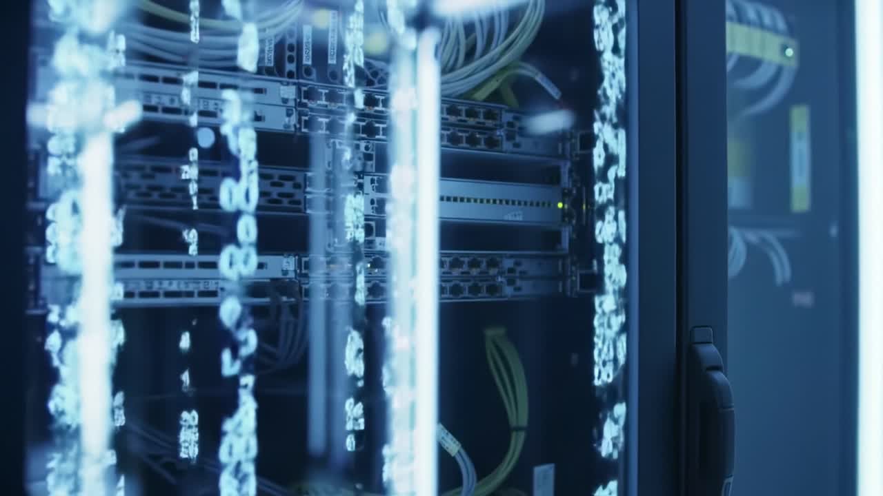High-tech data center showcases various servers and networking cables working together. The blue lighting highlights the intricate setup. Efficient operations occur around the clock.