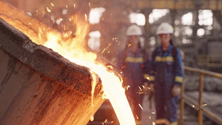 Processo di colata di metallo fuso in un'acciaieria con operai dotati di equipaggiamento di sicurezza che osservano il flusso in un ambiente industriale pieno di macchinari pesanti e scintille.