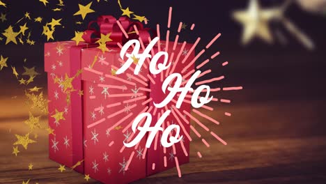 animation of ho ho ho text in white, with gold stars, over christmas present and decorations