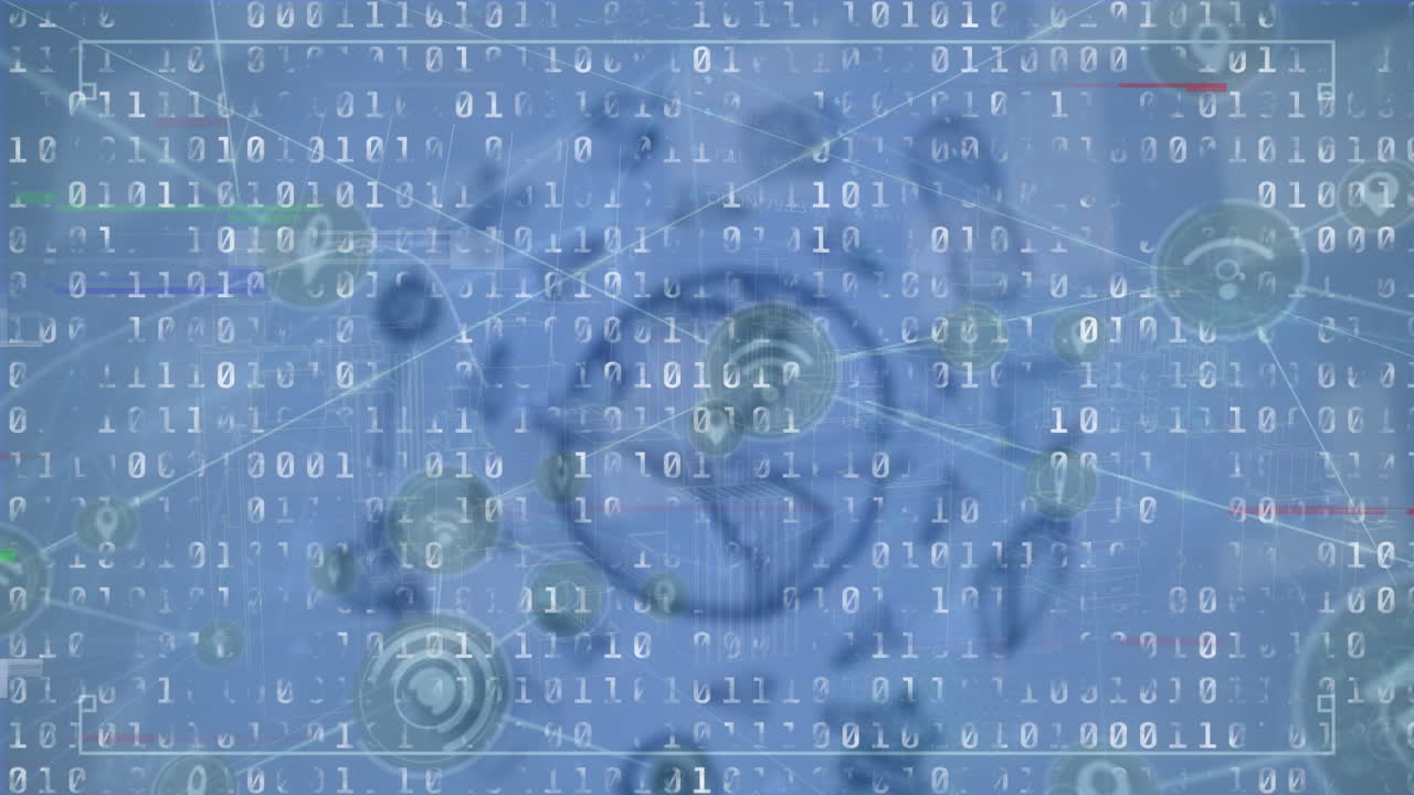 animación de conexiones, globo y código binario sobre fondo azul