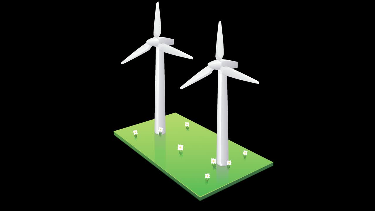 bucle de animación de turbina eólica en un prado sobre un fondo negro con canal alfa