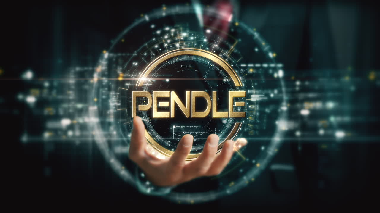A visionary businessman extends his hand, unveiling a vibrant futuristic holographic display showcasing global crypto trading, business analytics, stock exchanges, and market trends : PENDLE
