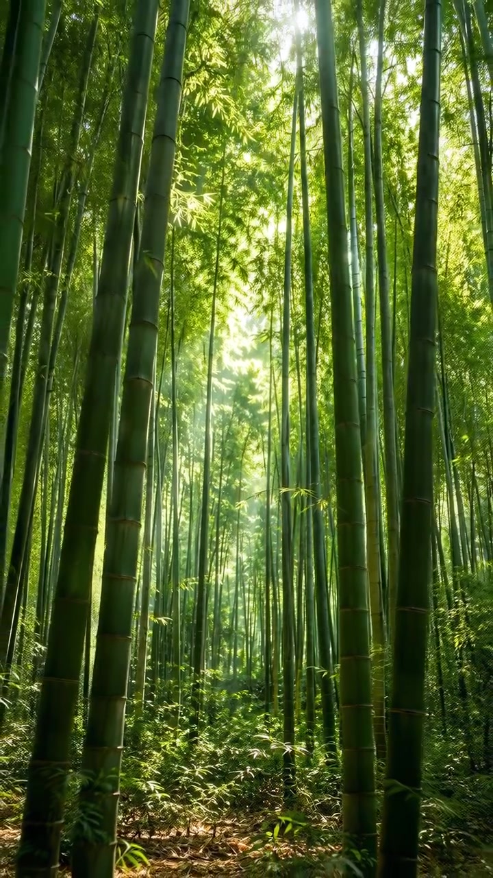 Vista dal basso all'interno di un fitto boschetto di bambù che mostra alti fusti di bambù dritti, fogliame verde a strati, luce solare filtrata e luminosa, ombre tenui, un forte ritmo verticale e una quieta calma naturale