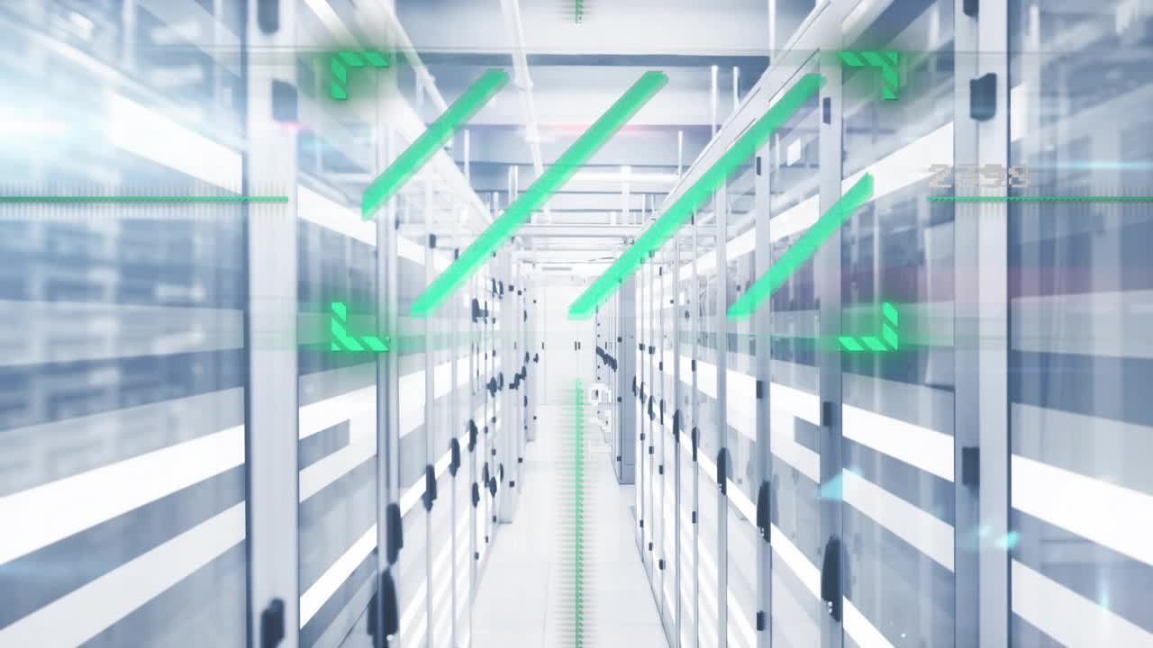 Advancing camera scanning server cabinets with green overlay indicating completed scan down aisle
