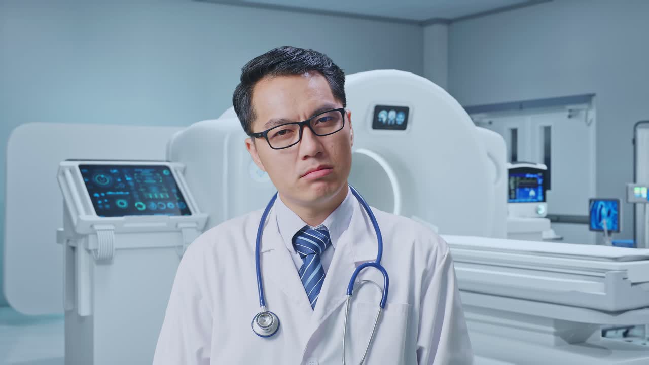 Close Up Of Tired Asian Male Doctor Standing With MRI Machine In The Hospital