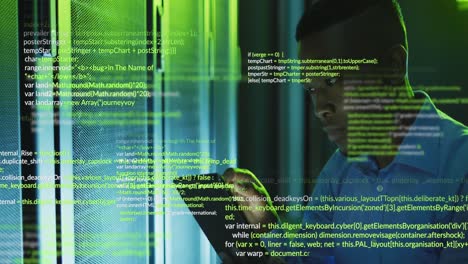 animation of data processing over african american male engineer using digital tablet at server room