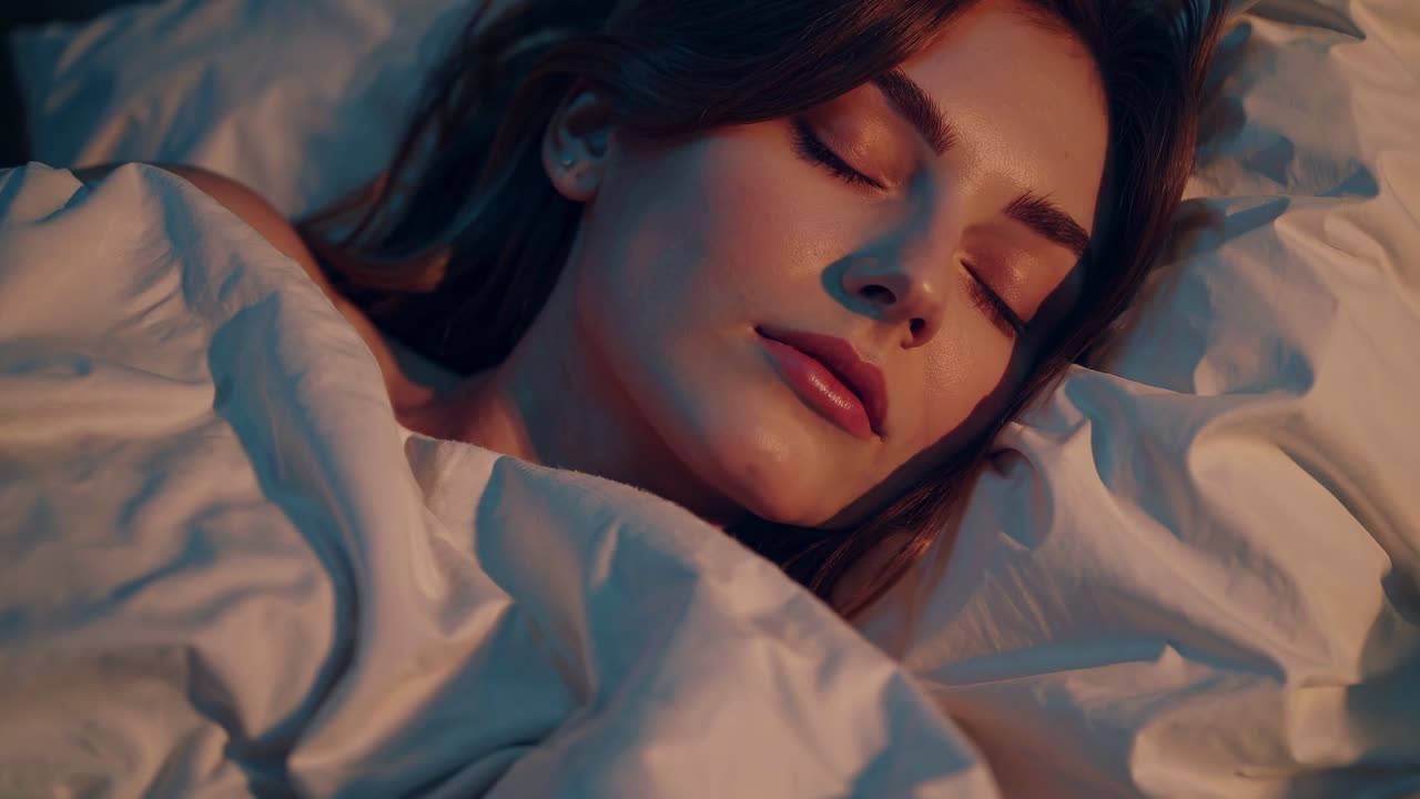 Un fermo immagine video sereno di una donna che dorme beatamente, catturato da un angolo ravvicinato