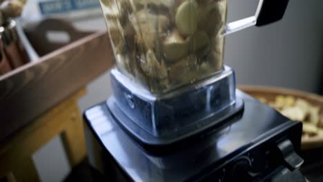 great medium shot of a blender filled with water and ginger ready to be blended into a beverage