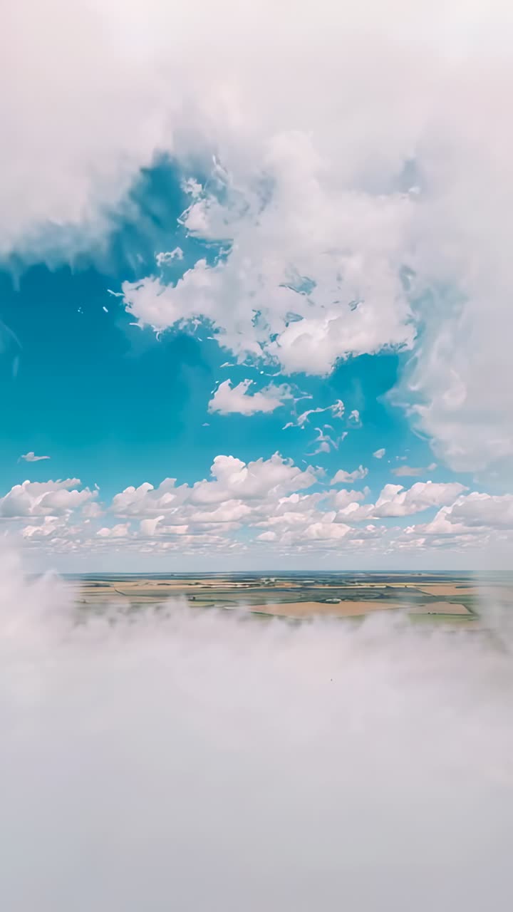 Vertical video: Rising camera revealing large cumulus cloud drifting as low fog thins over fields
