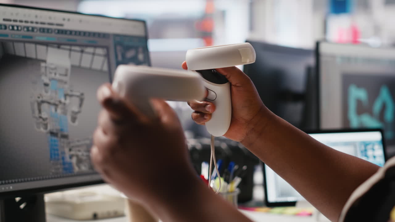 Vertical Video PV factory employee monitors system performance on virtual reality gear