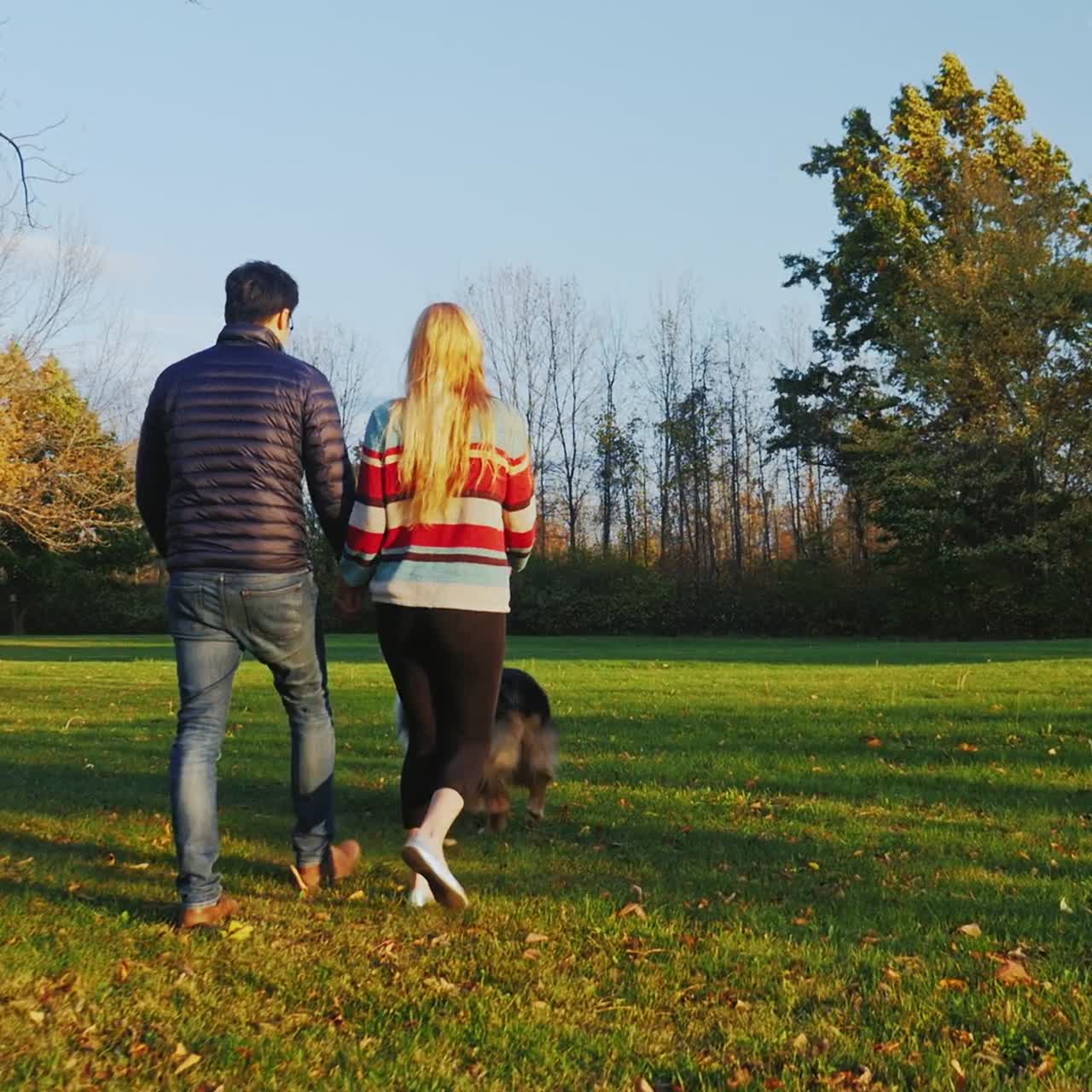joven pareja despreocupada caminando con un perro en el parque 1