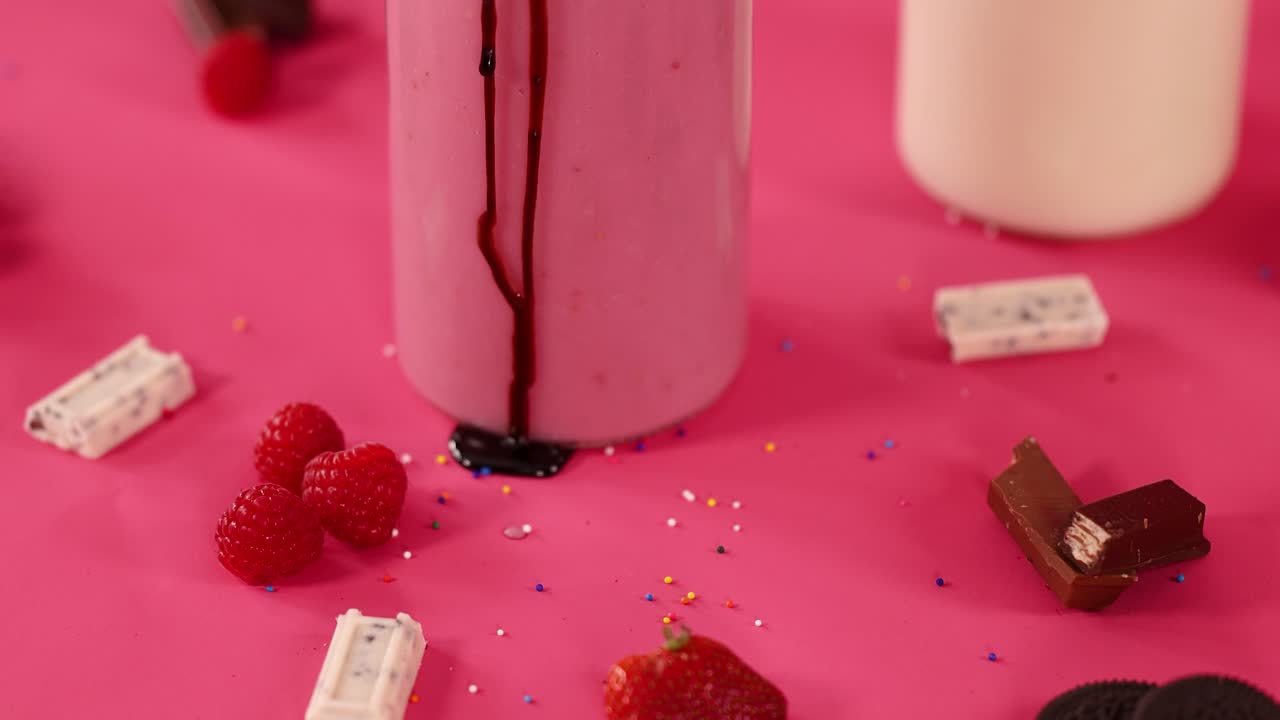 Chocolate syrup drips over whipped cream-topped strawberry milkshake, surrounded by candy on pink background