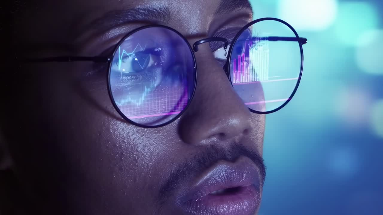 Close-up of a person with data reflections in glasses, angled for a futuristic video feel