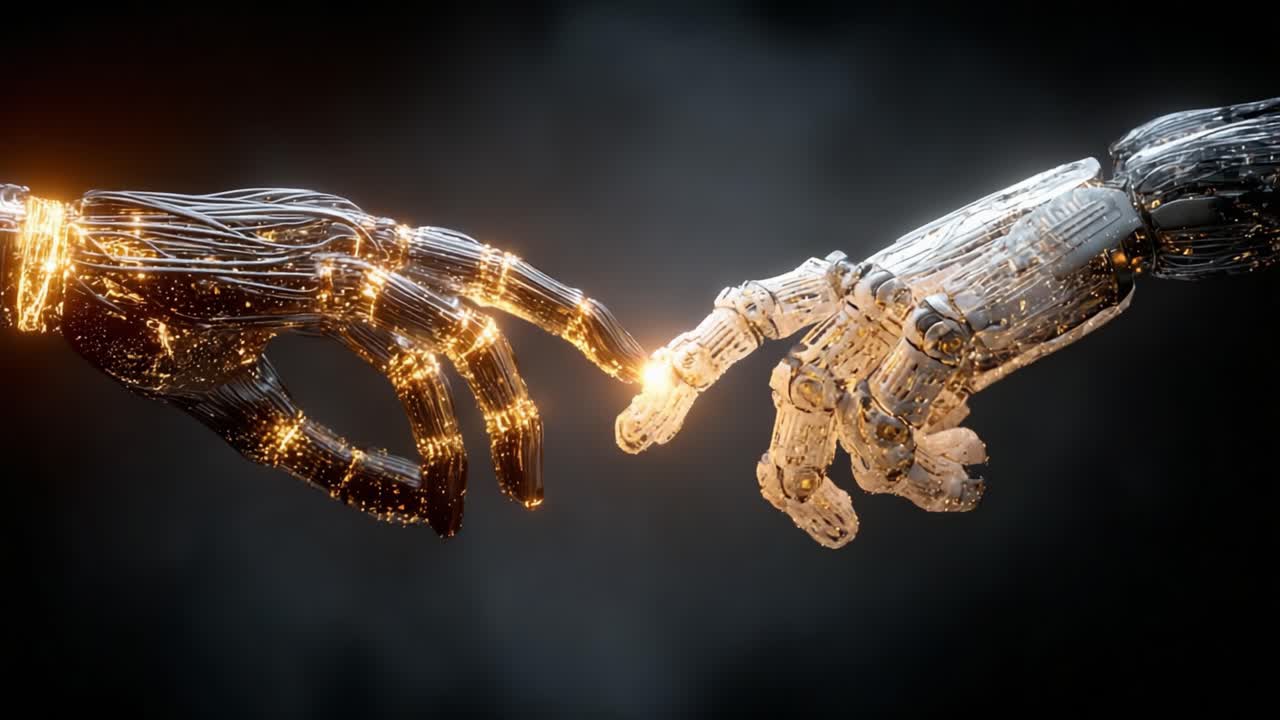 A Captivating Moment of Connection Between Two Metallic Hands, One Radiating Sparks and Light, Symbolizing the Fusion of Technology and Humanity