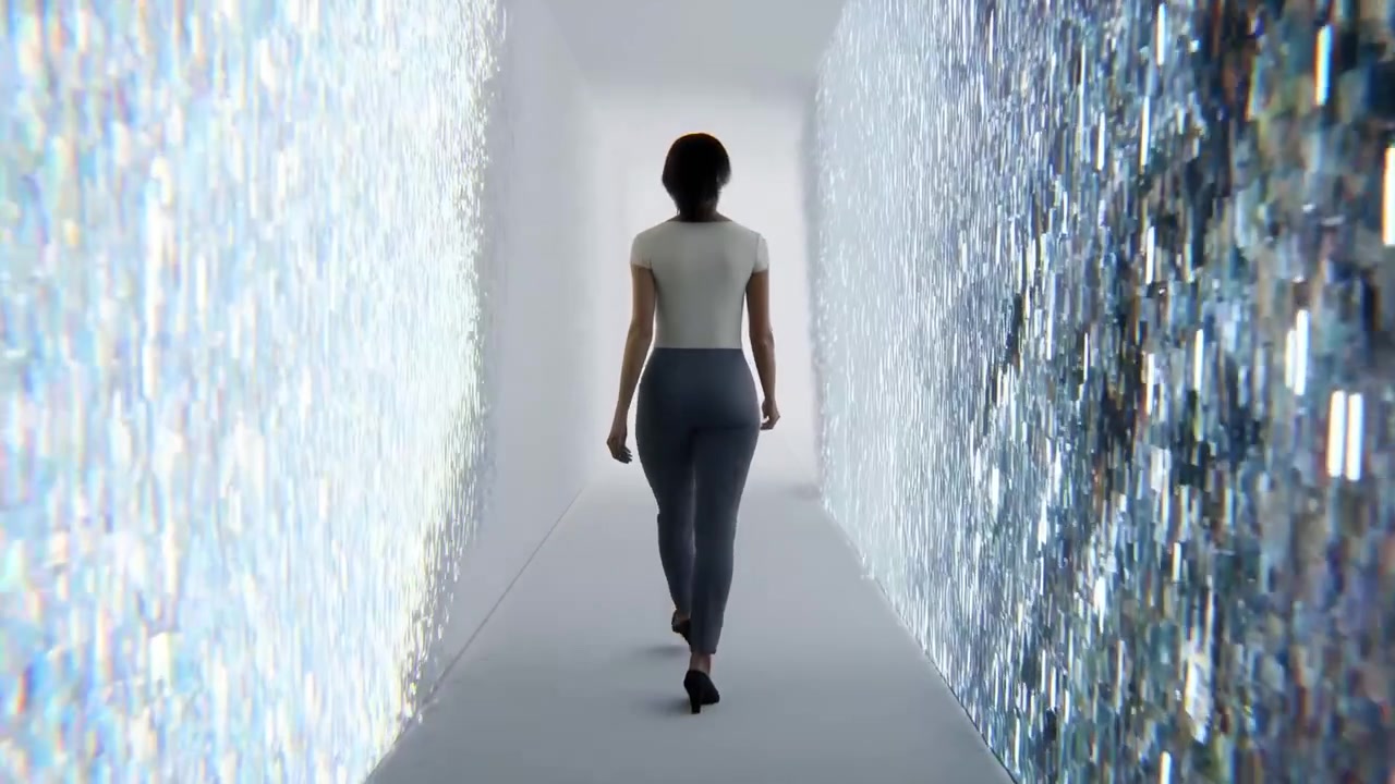 Woman Walking Through Digital Light Corridor, Shimmering Pixel Walls And Soft Backlight, Slow Steady Pace