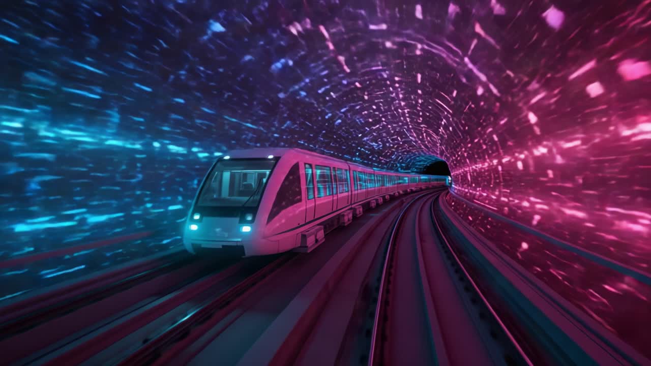 A Futuristic Train Traveling Through a Colorful Digital Tunnel, Creating a Vivid Journey with Dynamic Lights and Motion Blur in an Abstract Visual Experience