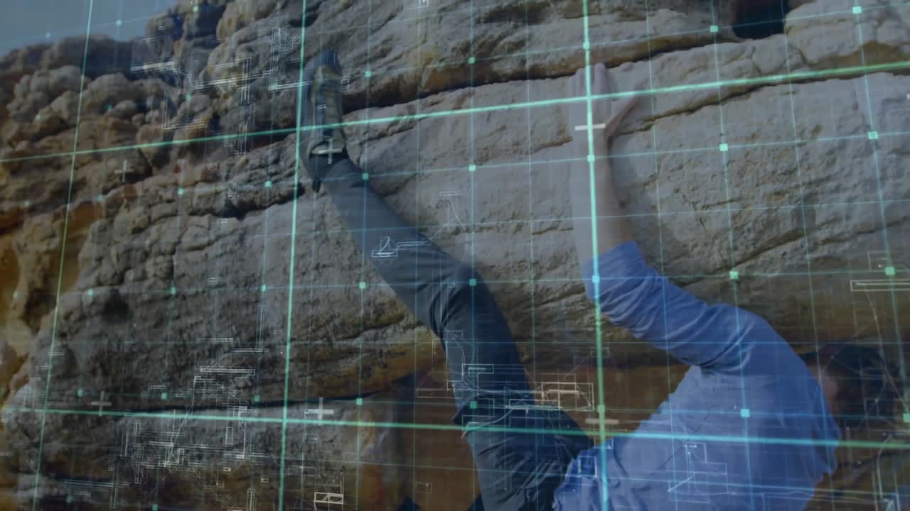 Scalatore che entra nell'inquadratura, afferra una sporgenza e sonda un appiglio tramite una sovrapposizione tecnologica che mostra i movimenti degli arti durante l'ascesa.