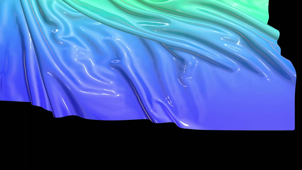 3d render of tearing off screen glossy blue green gradient color fabric for festive appearance. Drapery flies off screen with bright highlights on folds in 4k. Luma matte as alpha channel